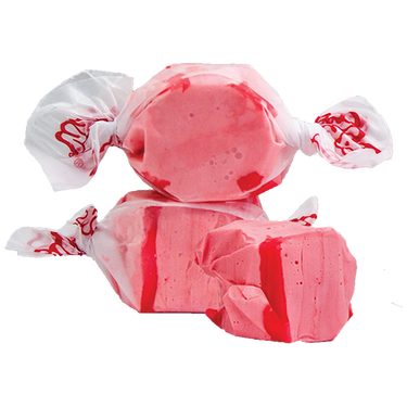 Taffy Town’s Strawberry taffy candy in soft pink with red swirls—whipped salt water taffy bursting with sweet berry flavor.